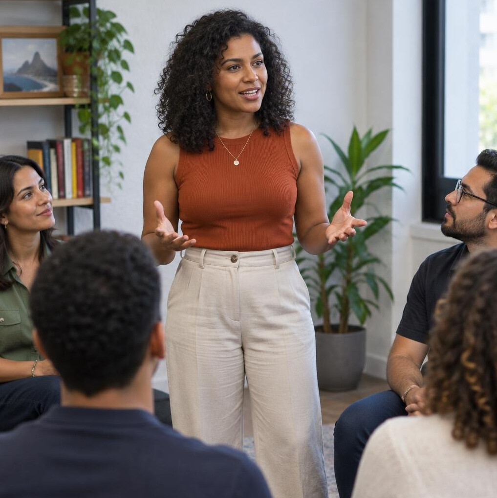 Person speaking confidently to a small group in a discussion