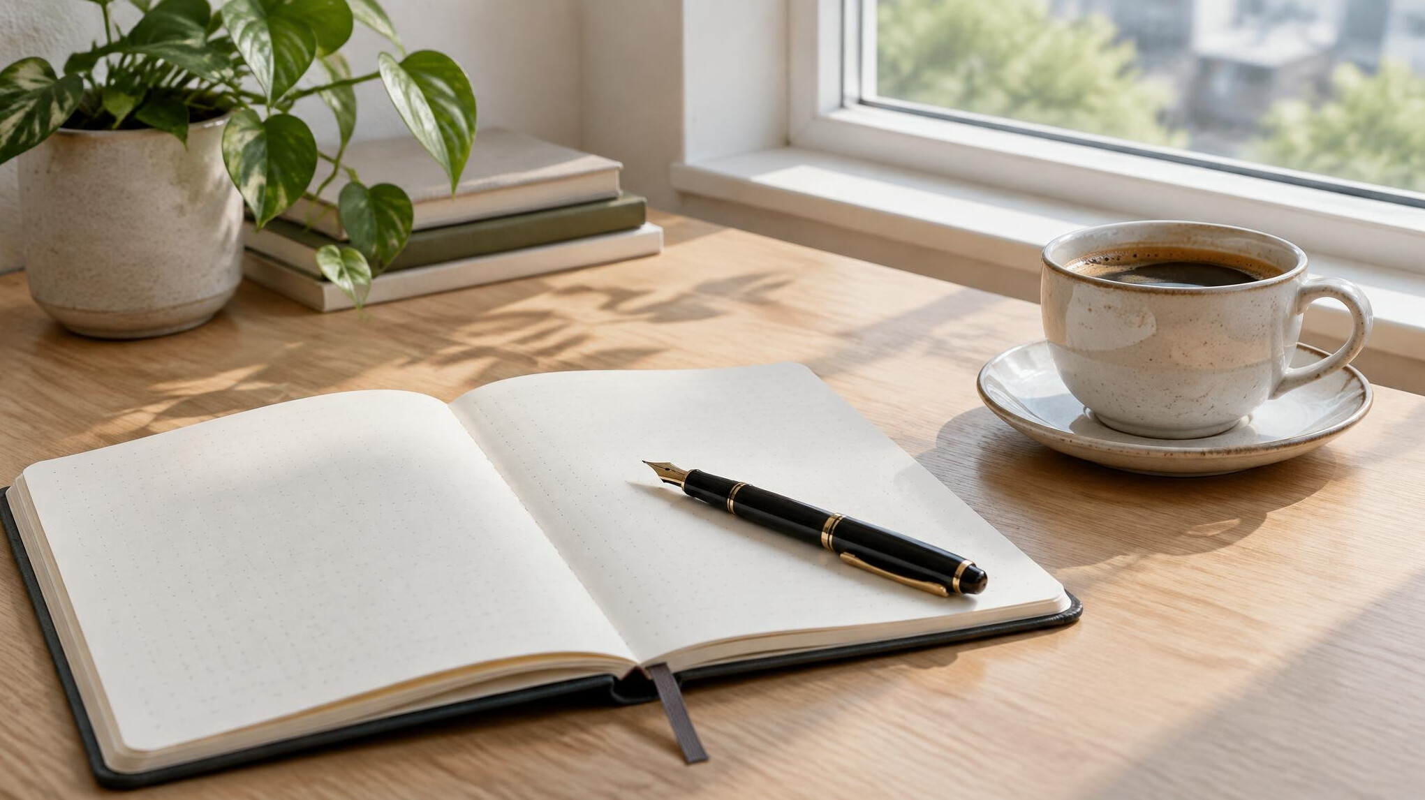 Quiet desk with an open notebook, pen and cup of coffee