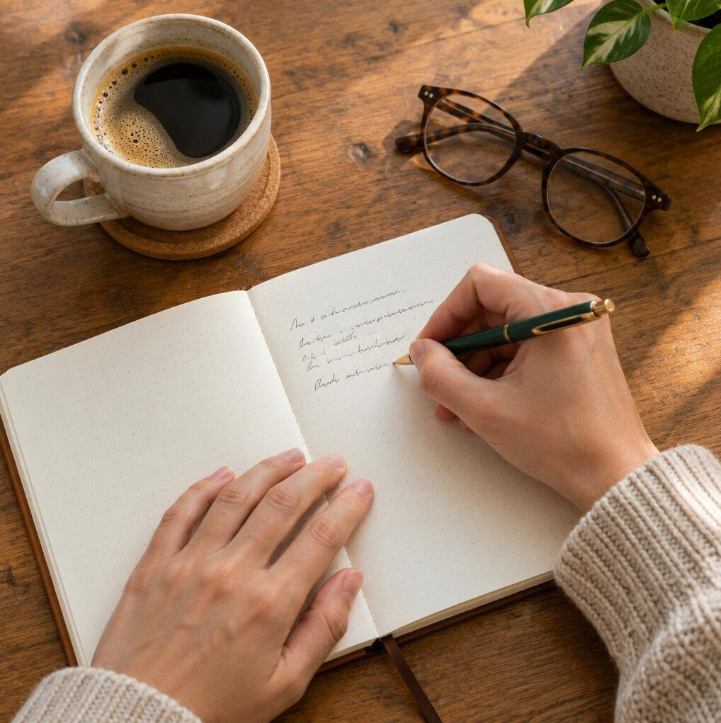 Close-up of hands writing in a journal with a cup of coffee nearby